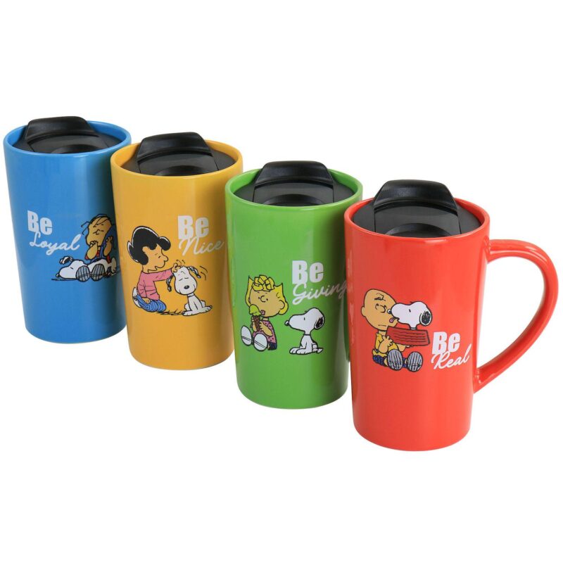 Peanuts Gentle Reminders Stoneware 4 Piece 18oz Travel Cups in Assorted Designs - Image 2