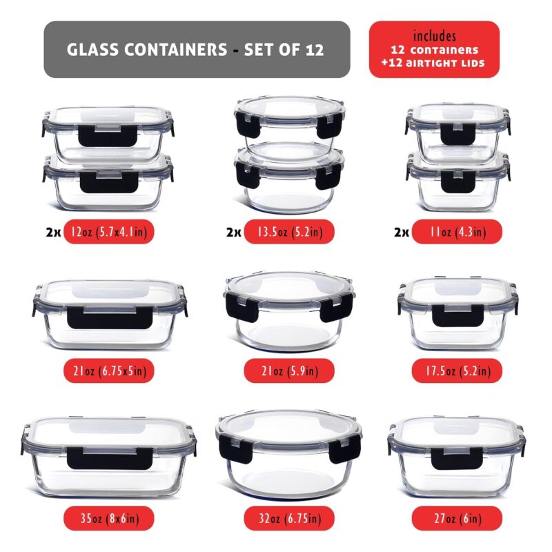 Phoenix Glass Food Storage Containers, Airtight Glass Meal Prep Containers, Reusable Leakproof Lids, Oven, Microwave and Freezer Safe Glass Storage Containers, 12 PC - Image 4