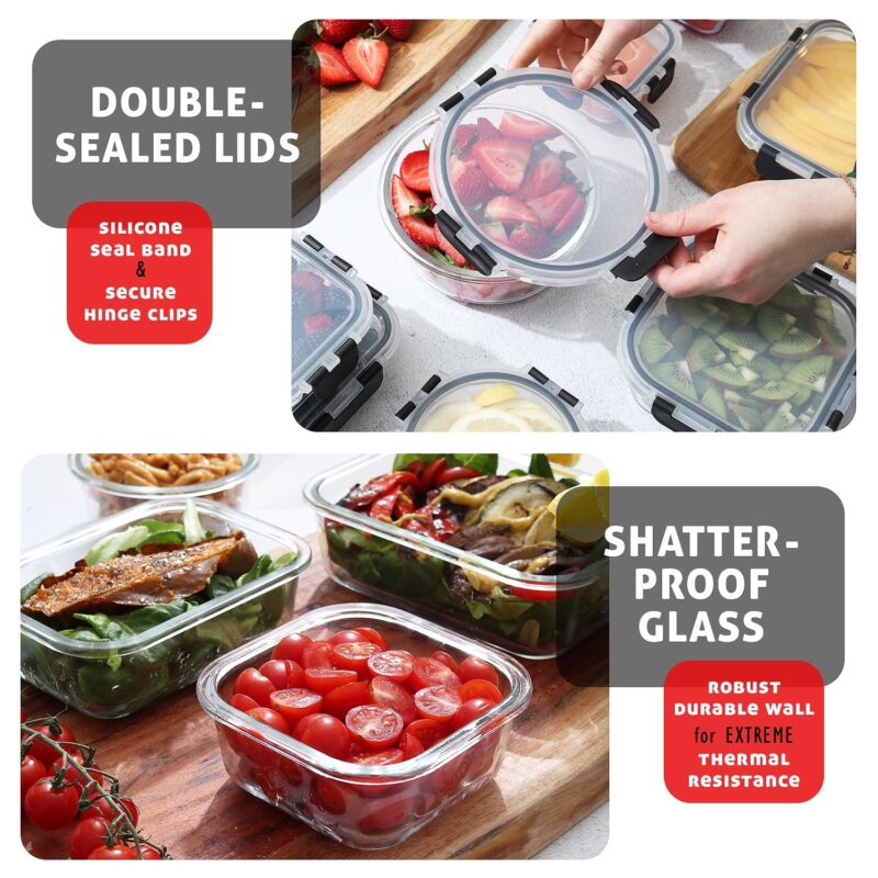 Phoenix Glass Food Storage Containers, Airtight Glass Meal Prep Containers, Reusable Leakproof Lids, Oven, Microwave and Freezer Safe Glass Storage Containers, 12 PC - Image 6
