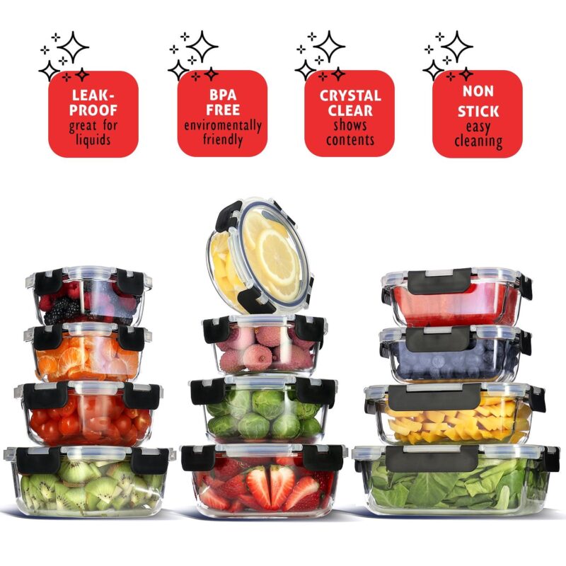 Phoenix Glass Food Storage Containers, Airtight Glass Meal Prep Containers, Reusable Leakproof Lids, Oven, Microwave and Freezer Safe Glass Storage Containers, 12 PC - Image 8