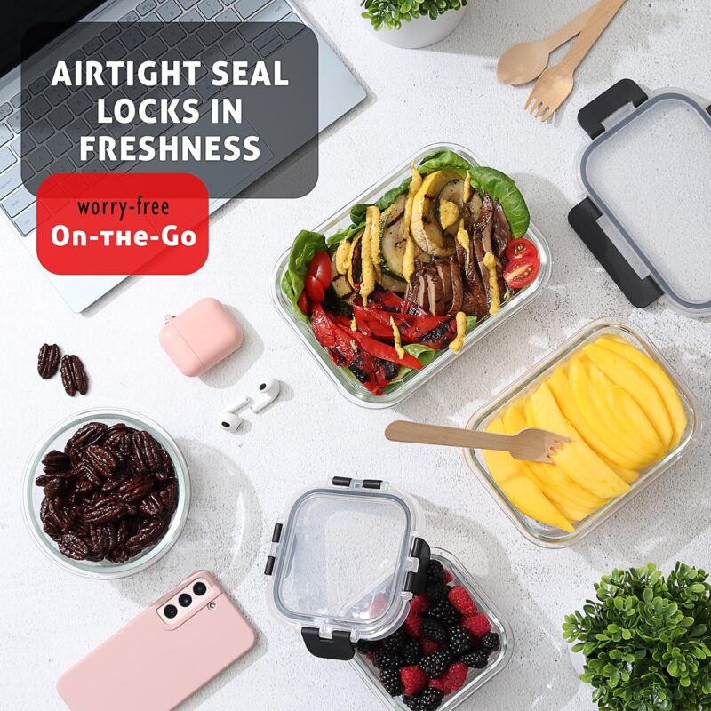 Phoenix Glass Food Storage Containers, Airtight Glass Meal Prep Containers, Reusable Leakproof Lids, Oven, Microwave and Freezer Safe Glass Storage Containers, 12 PC - Image 7