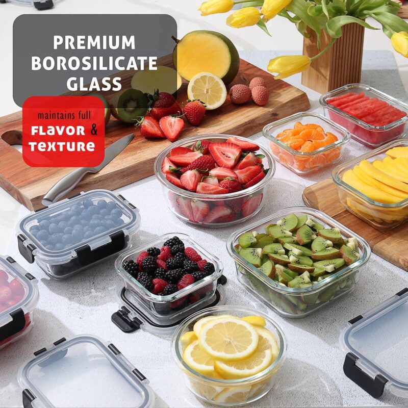 Phoenix Glass Food Storage Containers, Airtight Glass Meal Prep Containers, Reusable Leakproof Lids, Oven, Microwave and Freezer Safe Glass Storage Containers, 12 PC - Image 3