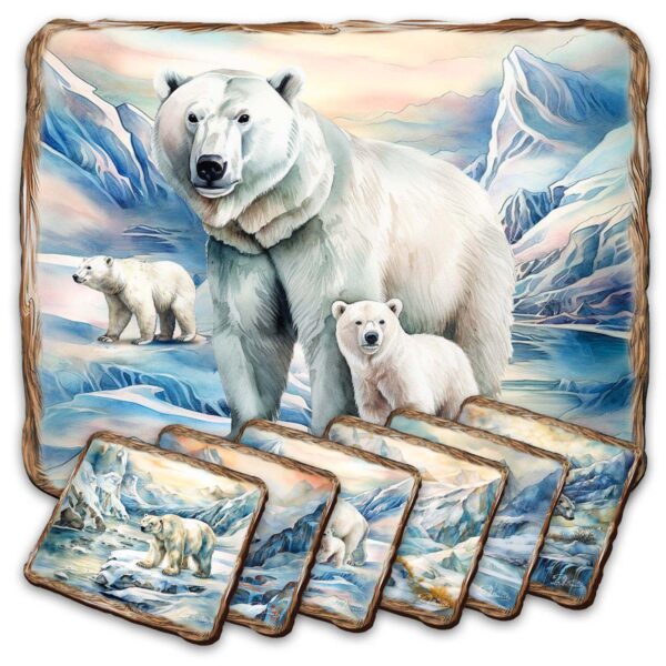 Polar Bear Wooden Cork Placemat And Coasters Gift Set Of 7