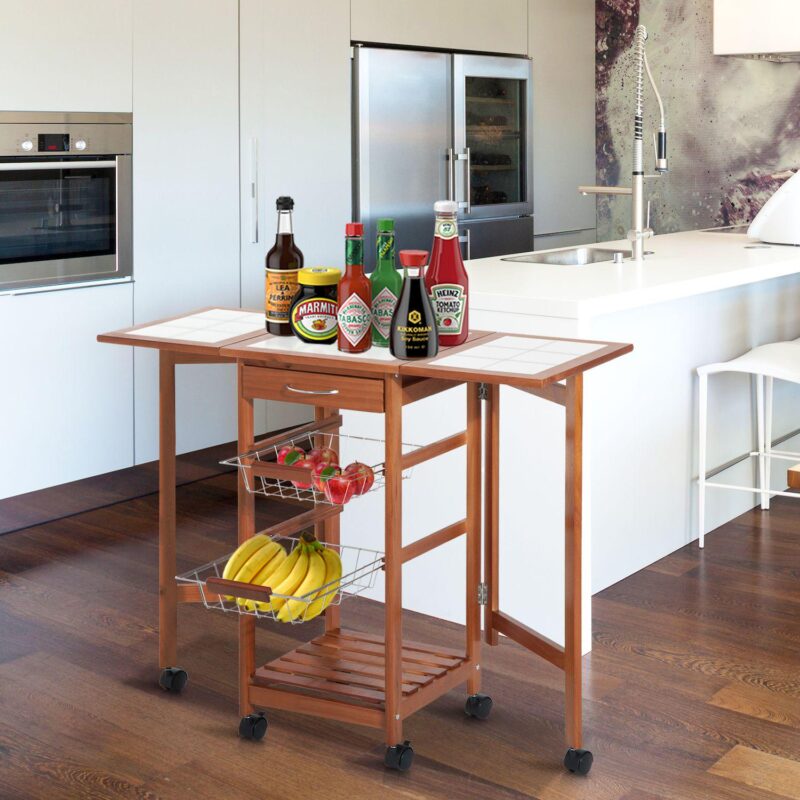 Portable Rolling Drop Leaf Kitchen Storage Island Cart Trolley Folding Table - Image 4