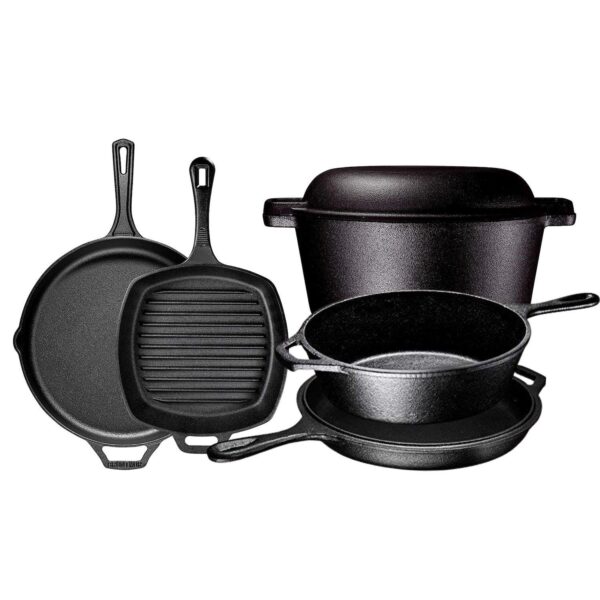 Pre Seasoned Cast Iron Cooking Set With Double Dutch Oven, And Grill Pan, Outdoor Camping Cookware