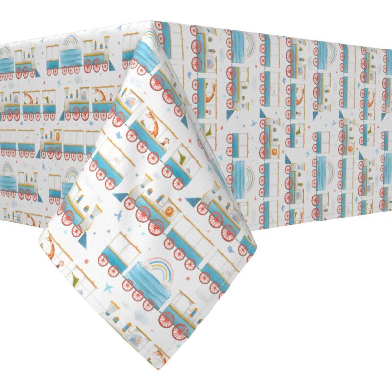 Rectangular Tablecloth, 100% Cotton, 52x84 , Watercolor Train and Zoo Animals
