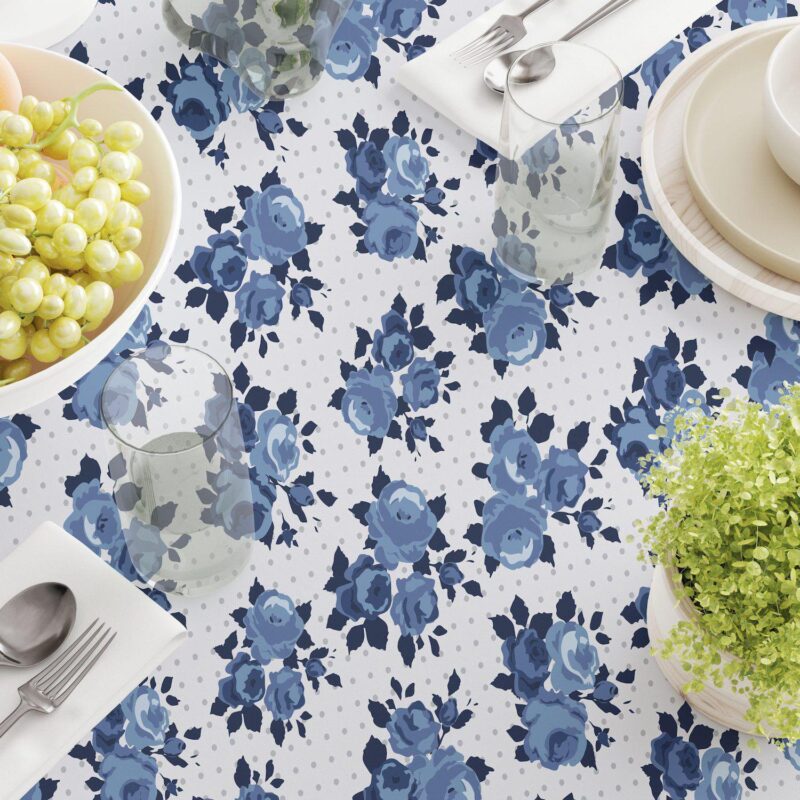 Rectangular Tablecloth, 100% Cotton, 52x104 , Blue Floral and Dots - Image 3