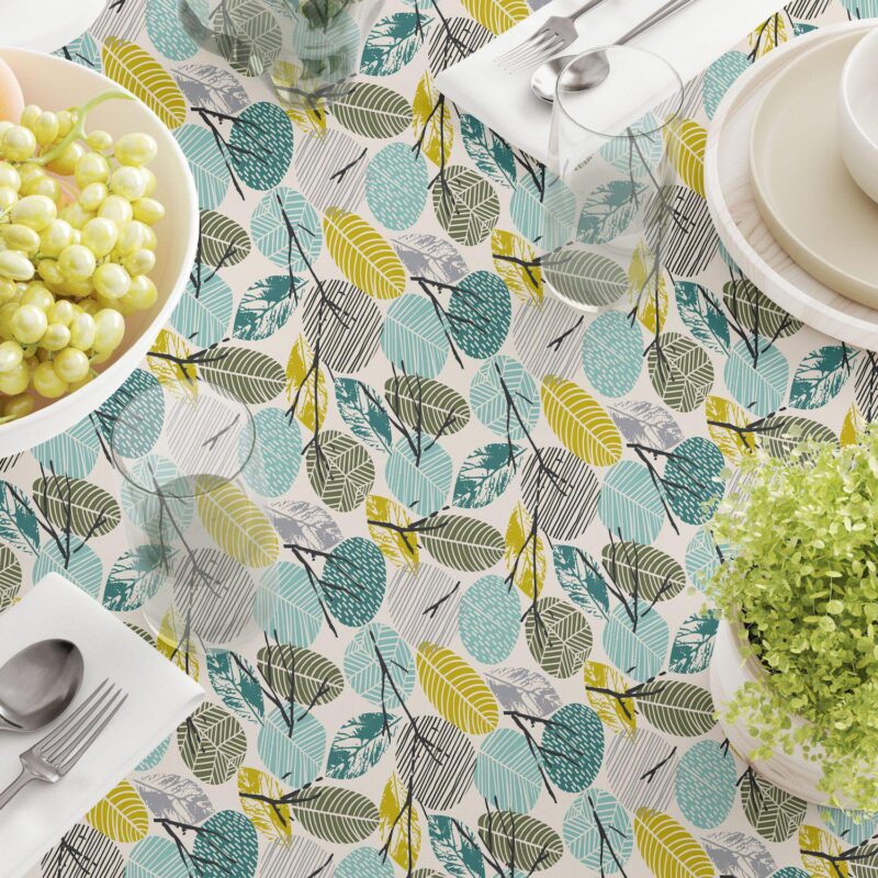 Rectangular Tablecloth, 100% Cotton, 52x84 , Hand Drawn Abstract Leaves - Image 3
