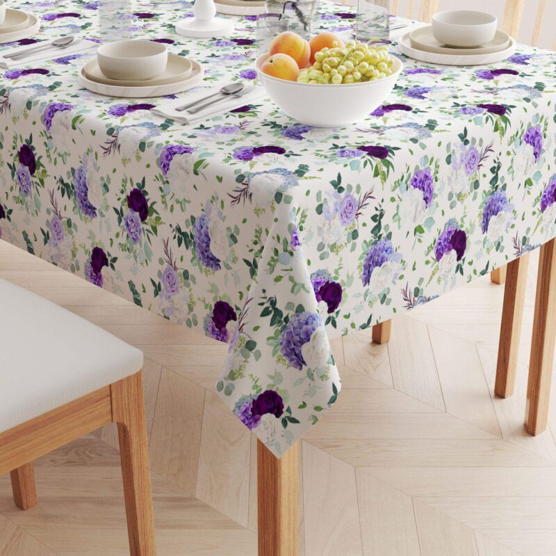 Rectangular Tablecloth, 100% Cotton, 52x104 , Purple and White Hydrangeas - Image 2