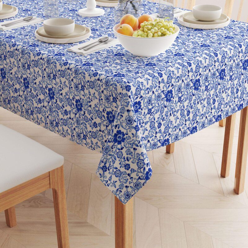 Rectangular Tablecloth, 100% Cotton, 52x104 , Watercolor Flowers on Vines Blue - Image 2