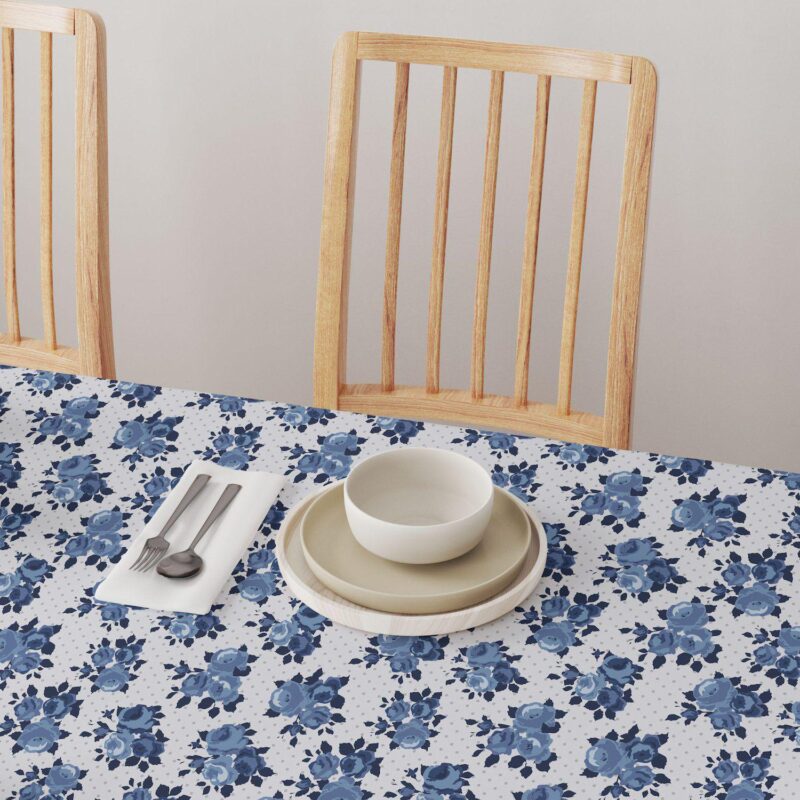 Rectangular Tablecloth, 100% Cotton, 52x104 , Blue Floral and Dots - Image 4