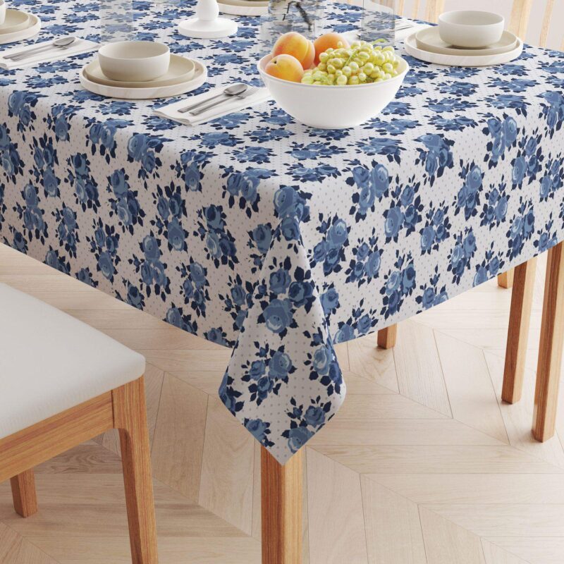 Rectangular Tablecloth, 100% Cotton, 52x104 , Blue Floral and Dots - Image 2