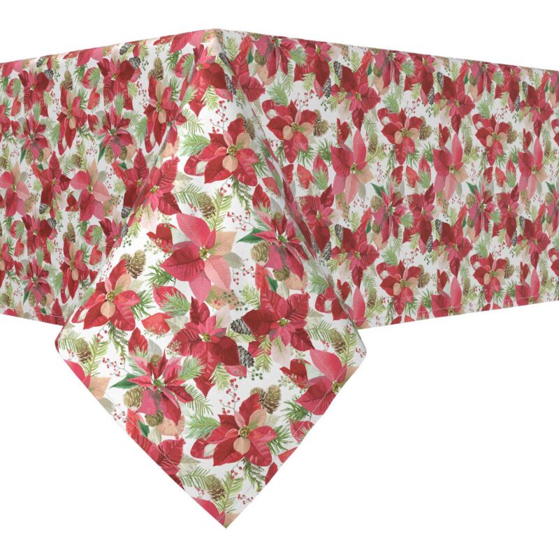 Rectangular Tablecloth, 100% Cotton, 60x104 , Poinsettia and Pinecones