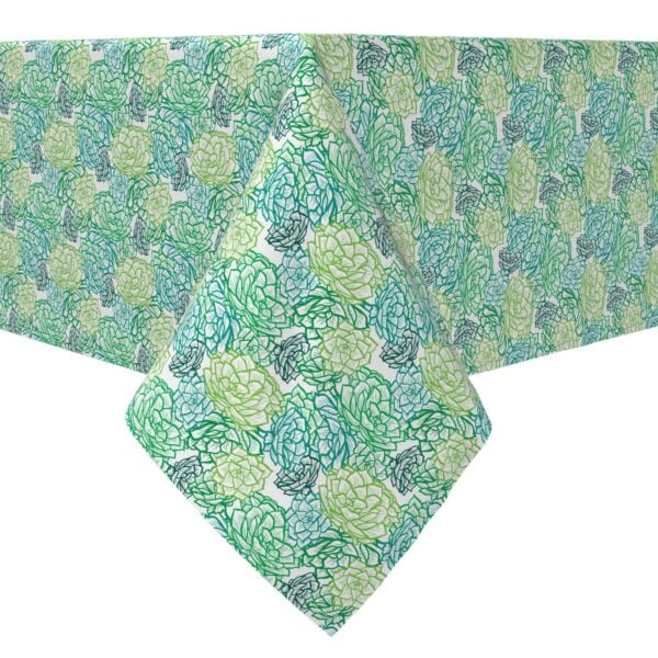 Rectangular Tablecloth, 100% Cotton, Stenciled Green Succulents