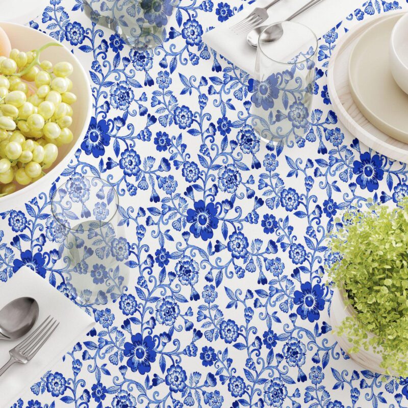 Rectangular Tablecloth, 100% Cotton, 52x104 , Watercolor Flowers on Vines Blue - Image 3