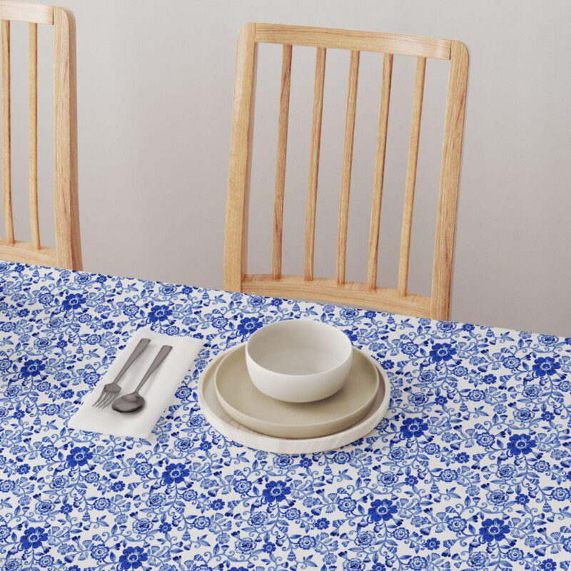 Rectangular Tablecloth, 100% Cotton, 52x104 , Watercolor Flowers on Vines Blue - Image 4
