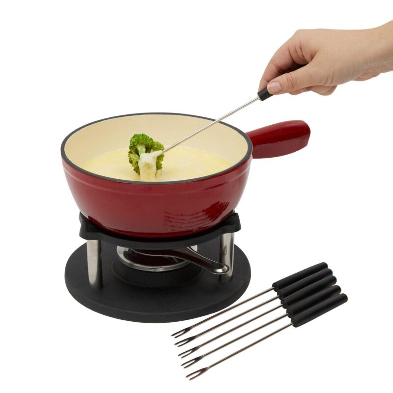Red Fondue Pot Set with 6 Long Forks and Burner for Cheese and Chocolate (10 Piece Set) - Image 3