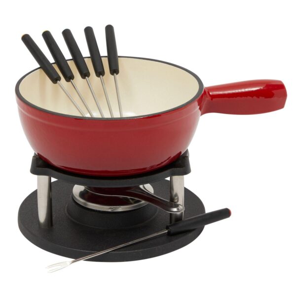 Red Fondue Pot Set with 6 Long Forks and Burner for Cheese and Chocolate (10 Piece Set)