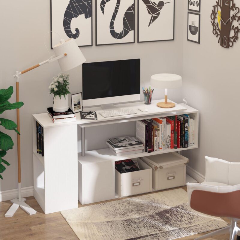 Rotating Corner Table Shelf Combo L-shaped I-shape Computer Home Office, White - Image 4