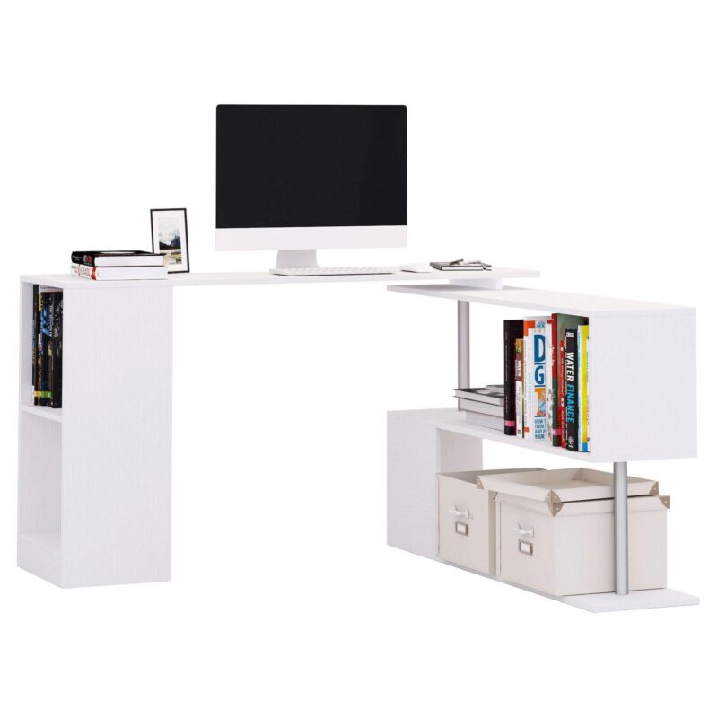 Rotating Corner Table Shelf Combo L-shaped I-shape Computer Home Office, White - Image 2