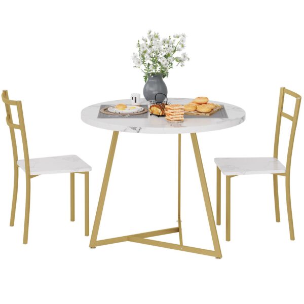 Round Kitchen Chairs for 2 Modern Dining Room Table Set for Small Space, Marble White and Gold