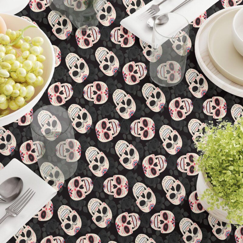Round Tablecloth, 100% Polyester, 90  Round, Dia De Los Muertes Skulls - Image 3