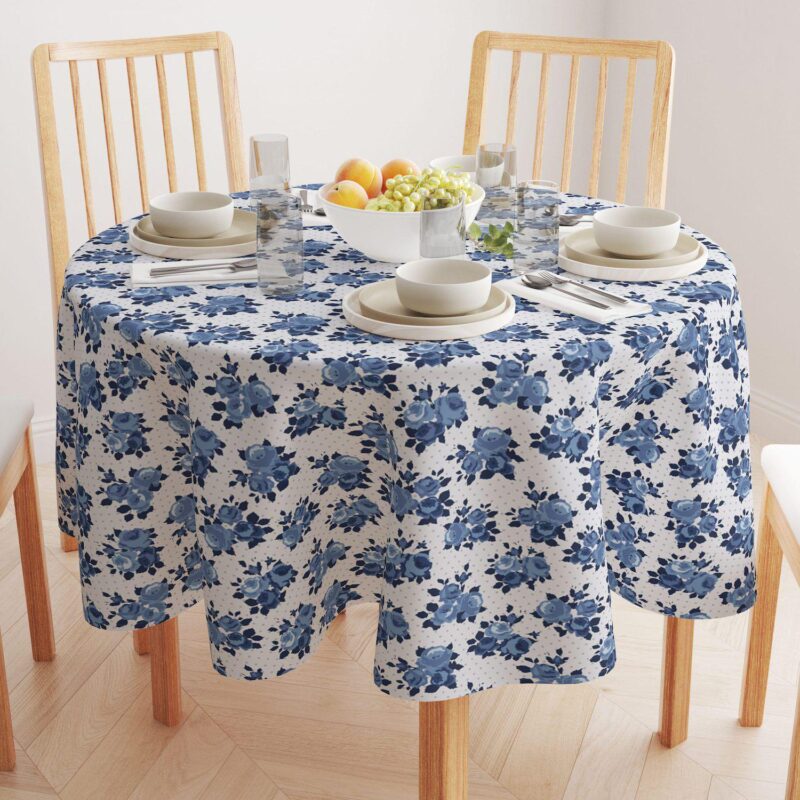 Round Tablecloth, 100% Polyester, 90  Round, Blue Floral and Dots - Image 2