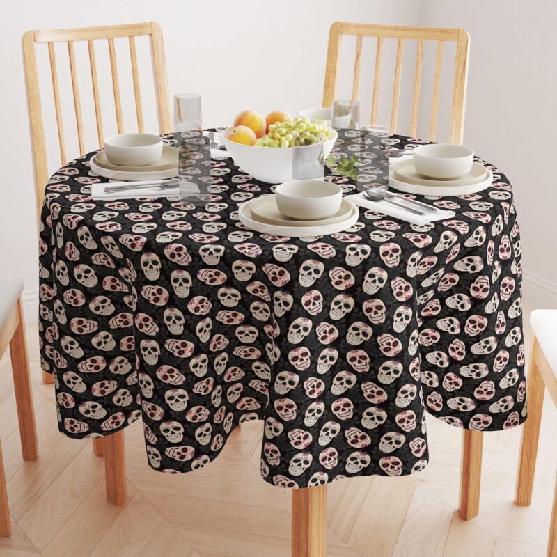 Round Tablecloth, 100% Polyester, 90  Round, Dia De Los Muertes Skulls - Image 2