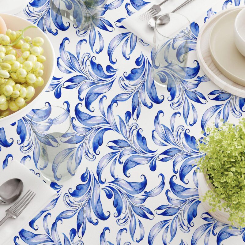 Round Tablecloth, 100% Polyester, 70  Round, Blue Traditional Leaves - Image 3