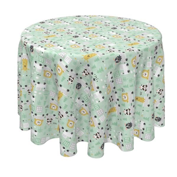 Round Tablecloth, 100% Polyester, 90  Round, Hand Drawn Animals on Trains