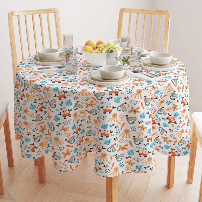 Round Tablecloth, 100% Polyester, 90  Round, Hand Drawn Marine Life - Image 2