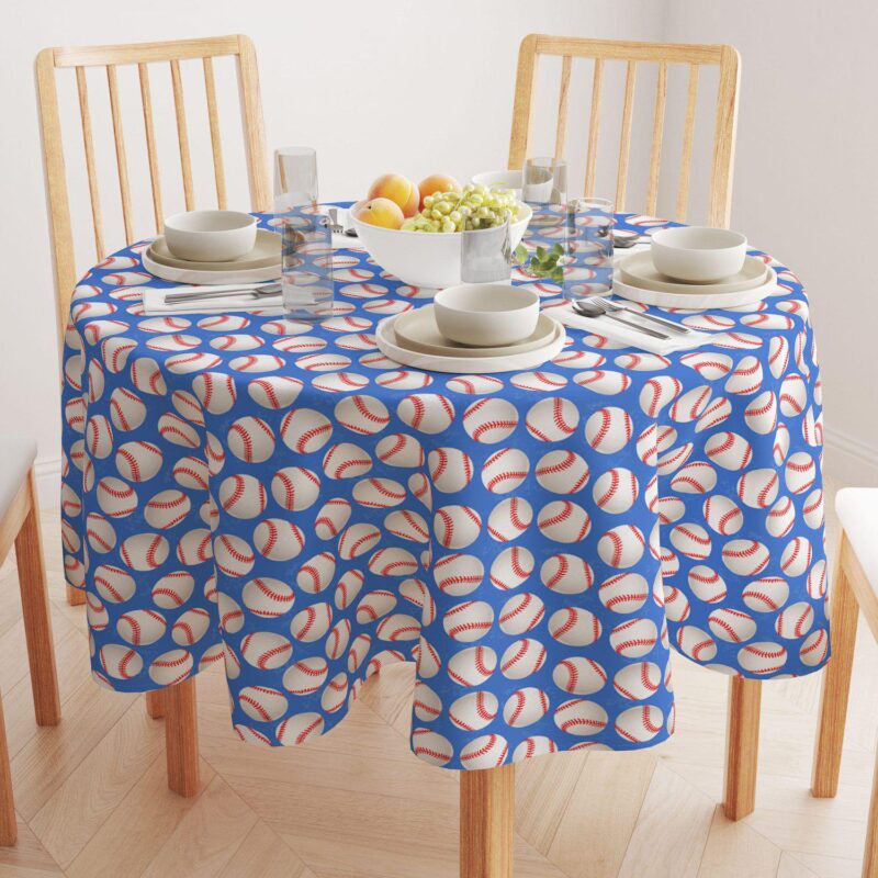 Round Tablecloth, 100% Polyester, 70  Round, Baseballs Blue - Image 2