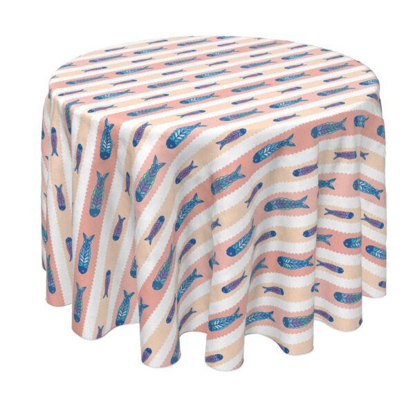 Round Tablecloth, 100% Polyester, 60  Round, Fish in Scalloped Stripes