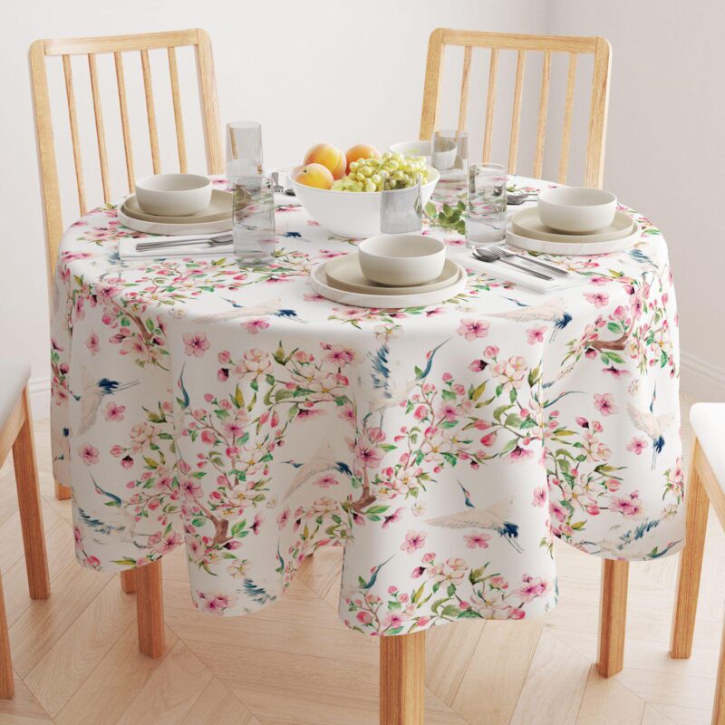Round Tablecloth, 100% Polyester, 60  Round, Cranes and Pink Flowers - Image 2