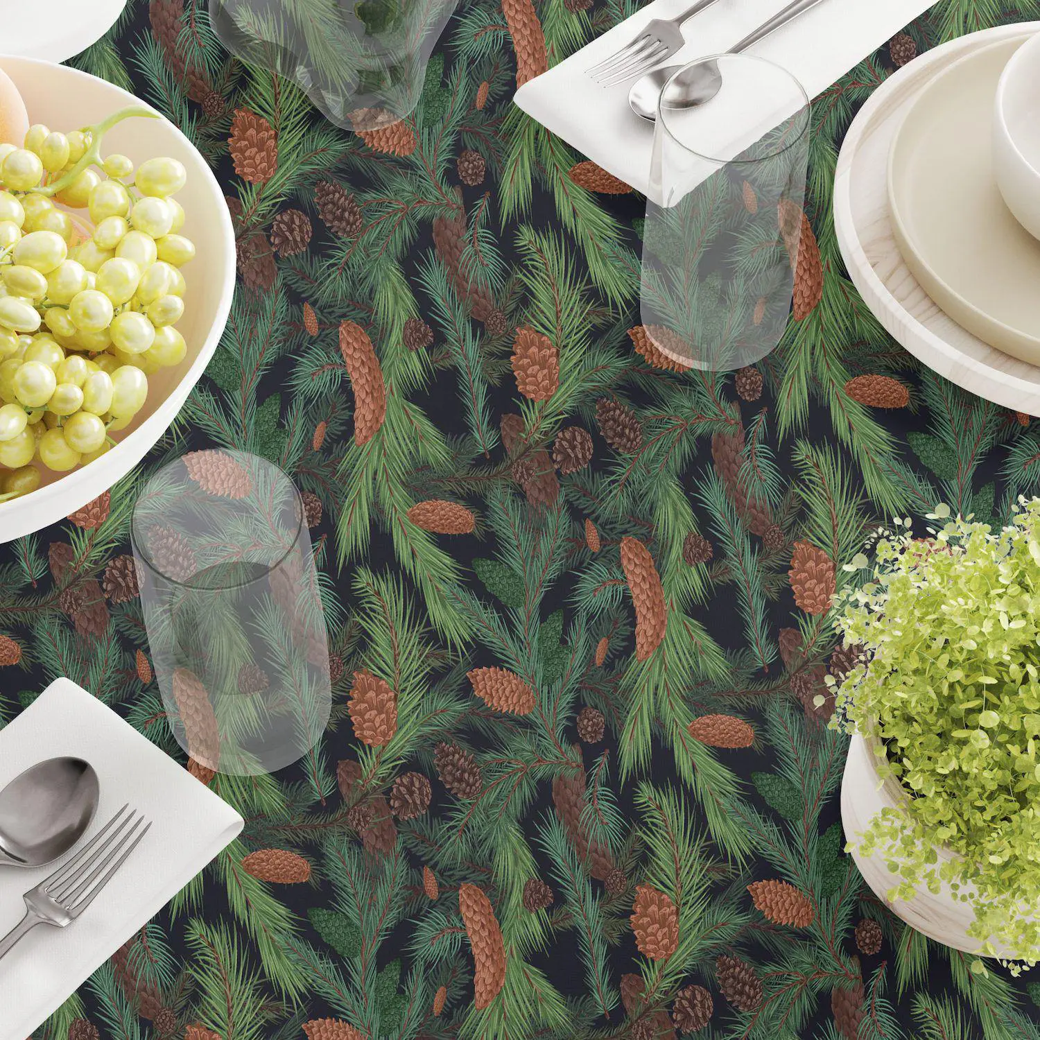 Round Tablecloth, 100% Polyester, 60 Round, Fir Branches and Green Pines 3 Round Tablecloth, 100% Polyester, 60  Round, Fir Branches and Green Pines - Image 3