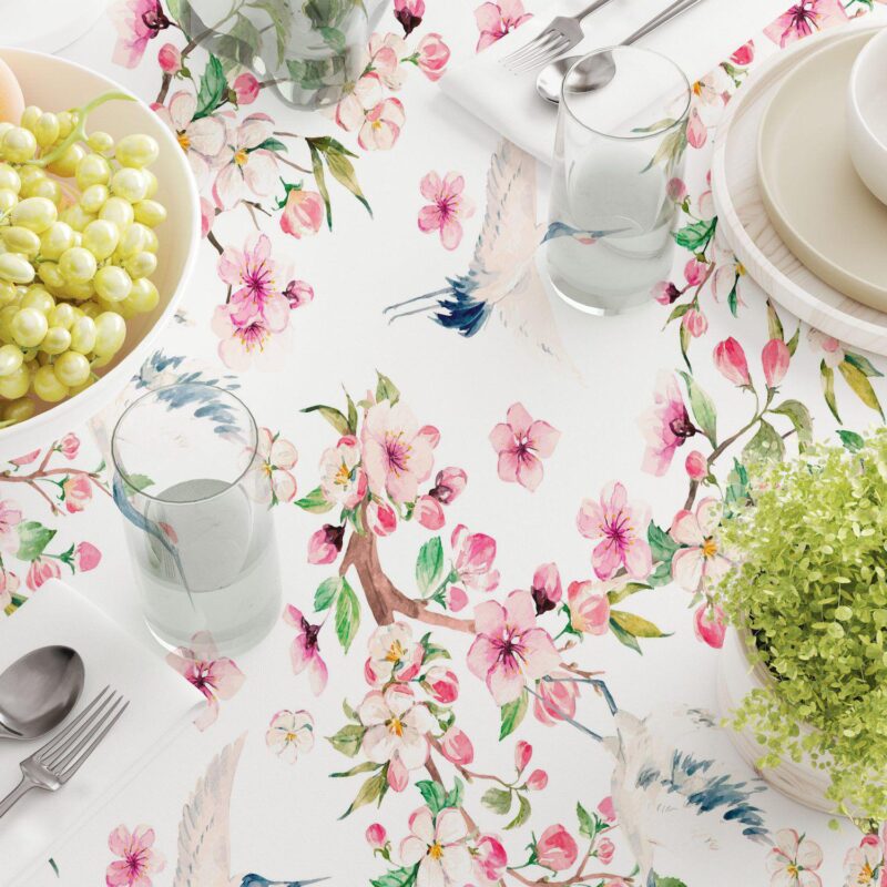 Round Tablecloth, 100% Polyester, 60  Round, Cranes and Pink Flowers - Image 3