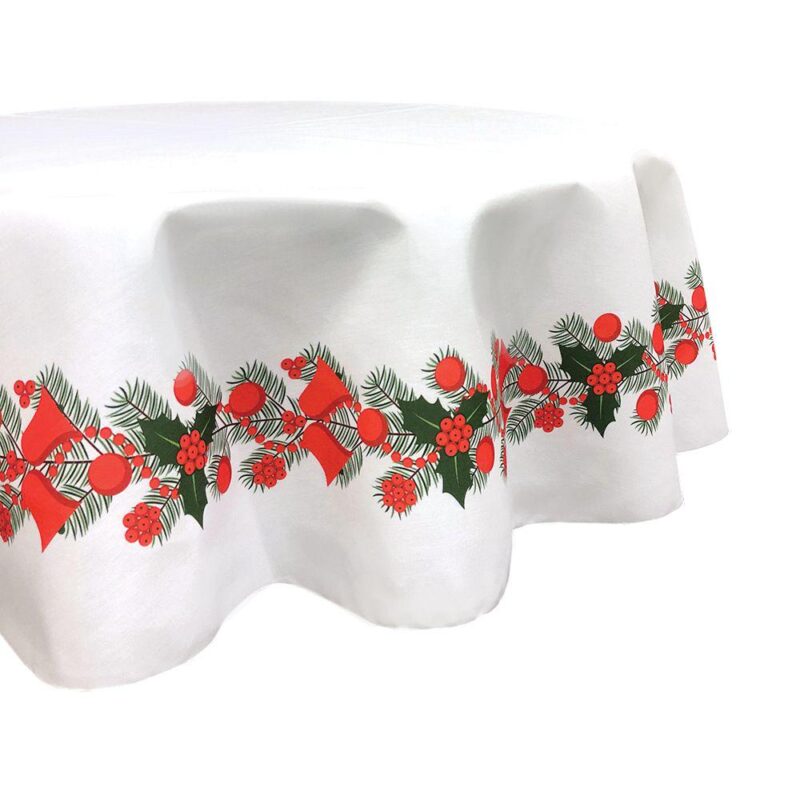 Round Tablecloth, 100% Polyester, 60  Round, Holly and Bells Garland