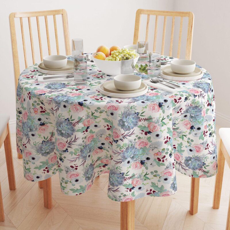 Round Tablecloth, 100% Polyester, 70  Round, Pink Roses and Succulents - Image 2