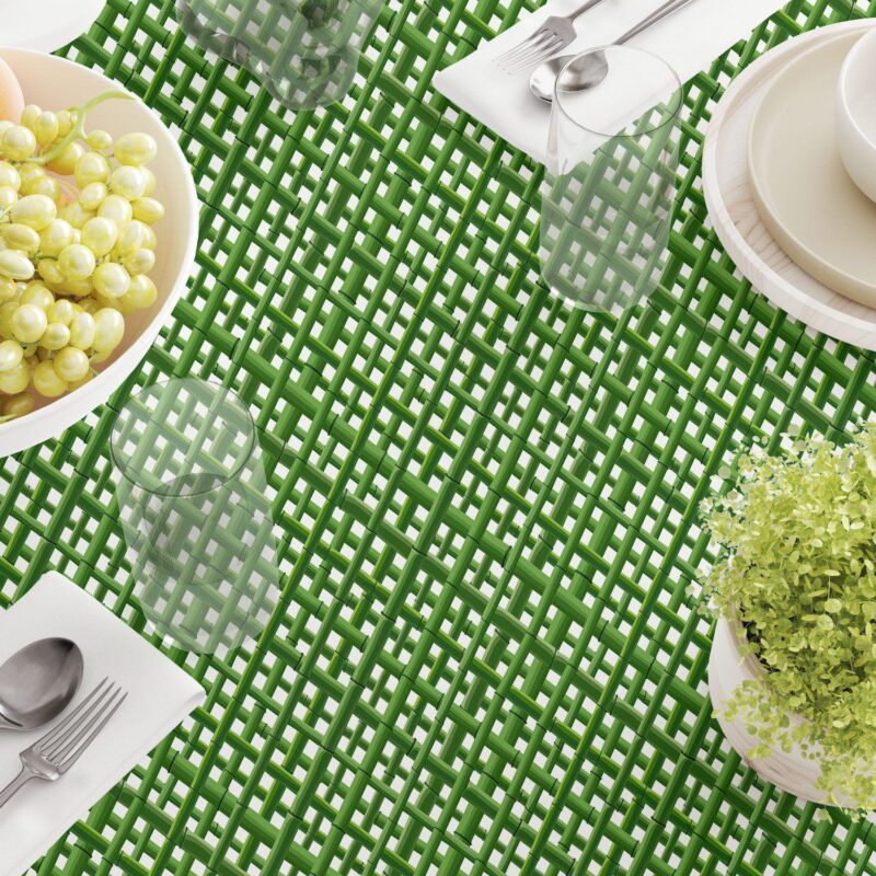 Round Tablecloth, 100% Polyester, 90  Round, Bam boo Green Grid Fence - Image 3