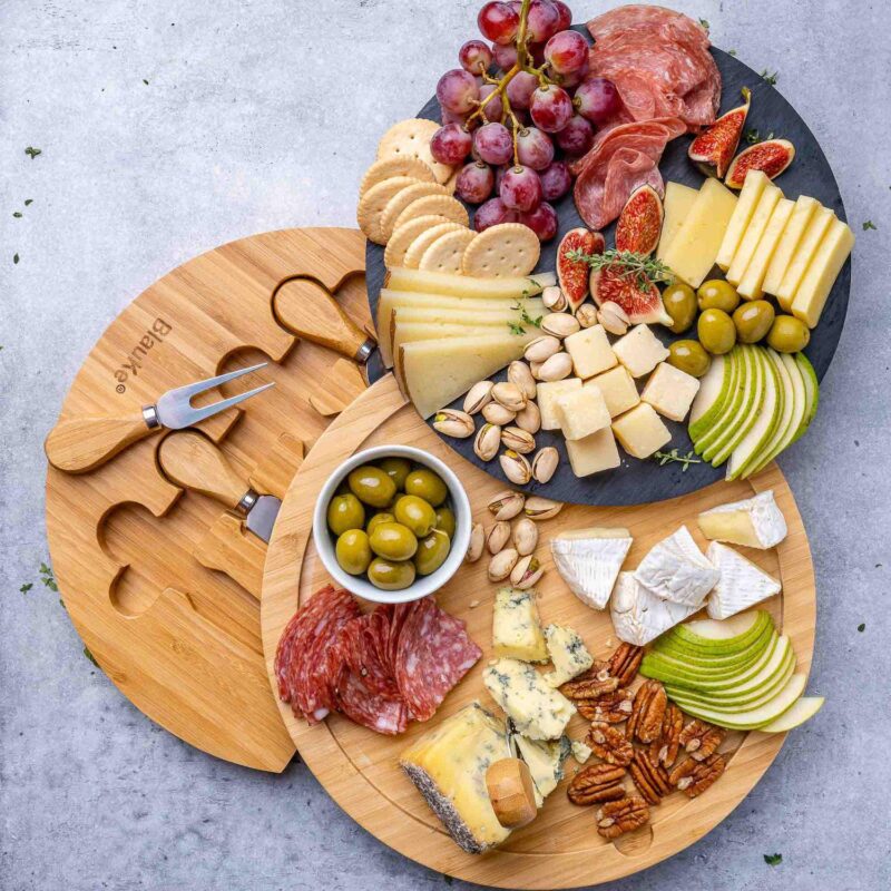 Round Wooden Cheese Board with Knife Set and Removable Slate - 12 inch Swiveling Charcuterie Board - Image 5