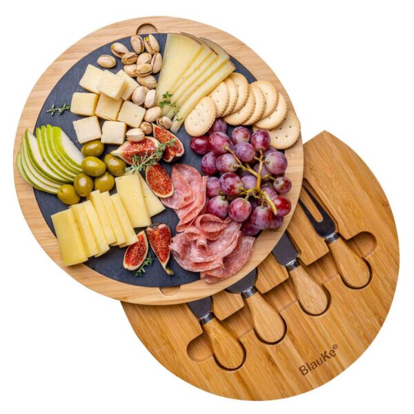 Round Wooden Cheese Board with Knife Set and Removable Slate - 12 inch Swiveling Charcuterie Board