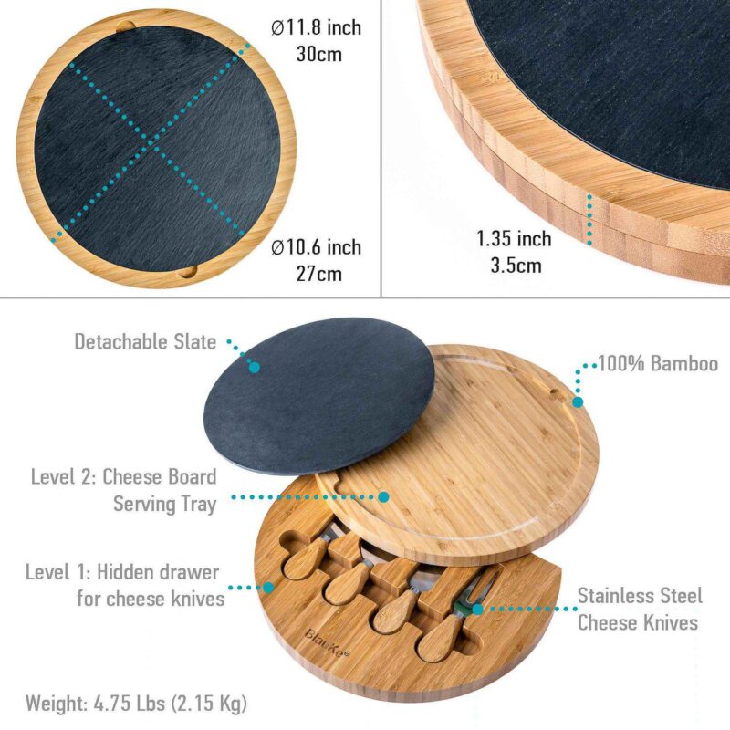 Round Wooden Cheese Board with Knife Set and Removable Slate - 12 inch Swiveling Charcuterie Board - Image 2