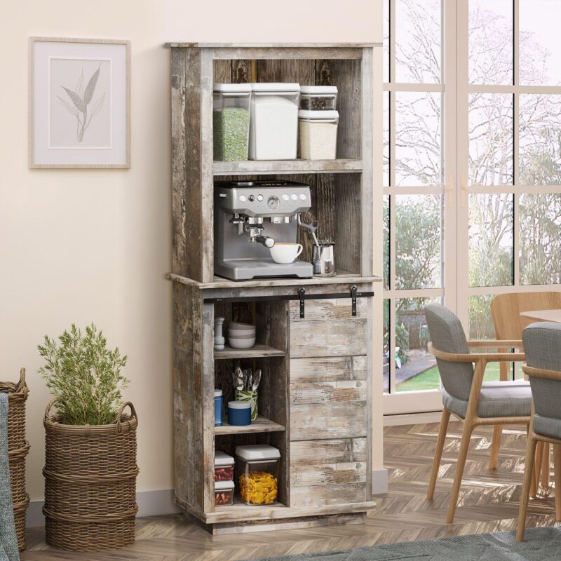 Rustic Wood Large Floor Cupboard Storage Cabinet W/5 Tier Shelves, Vintage Wood - Image 2