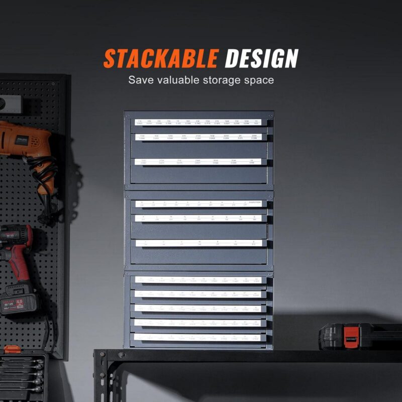 SKYSHALO Drill Bit Storage Cabinet, Includes 3 Three-Drawer Units for 1/16  to 1/2  and A-Z Letter Sizes, Plus Five-Drawer Organizer for Wire Gauge #1 to #60, Modular Design for Easy Stacking - Image 2