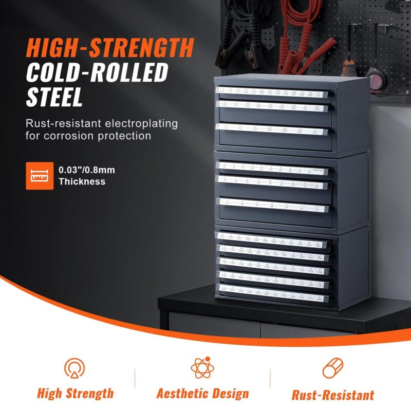 SKYSHALO Drill Bit Storage Cabinet, Includes 3 Three-Drawer Units for 1/16  to 1/2  and A-Z Letter Sizes, Plus Five-Drawer Organizer for Wire Gauge #1 to #60, Modular Design for Easy Stacking - Image 7