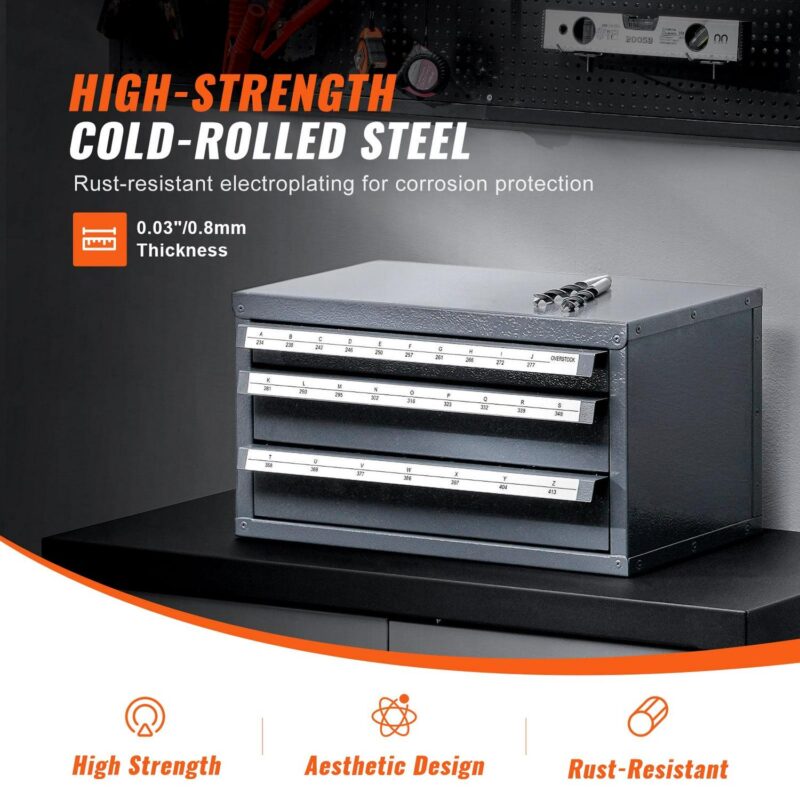 SKYSHALO Drill Storage Solution, Steel Three-Drawer Cabinet for Organizing Drills A-Z, Labelled Drill Bit Organizer, Stackable for Efficient Drill Bit Management - Image 3