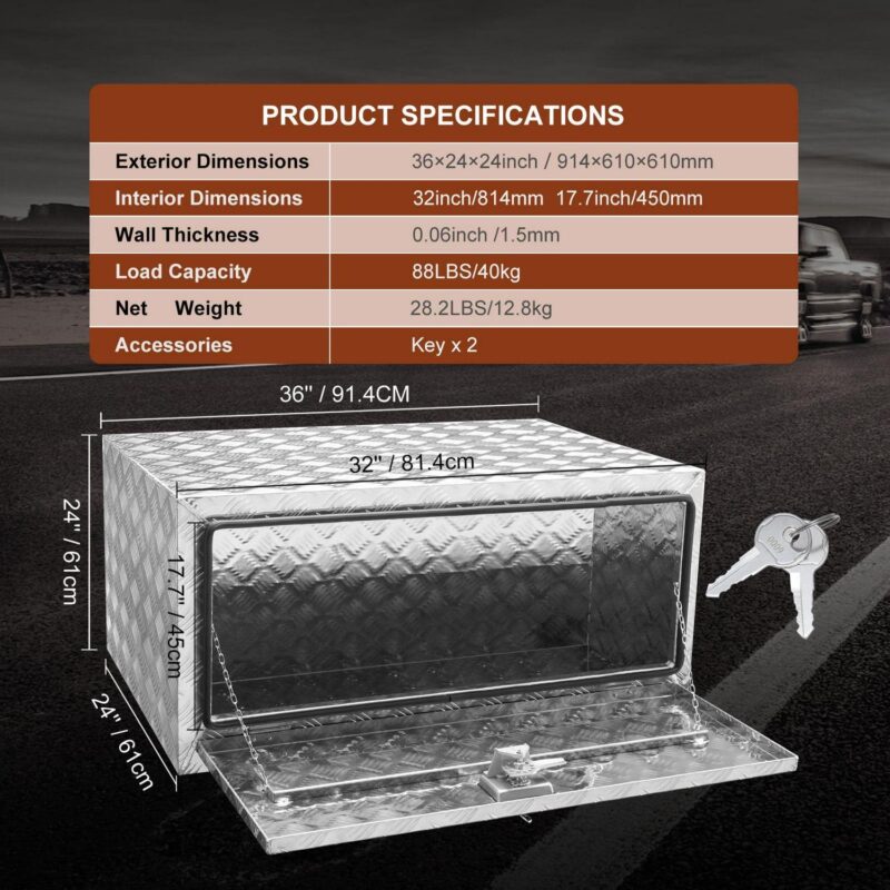 SKYSHALO Underbody Truck Storage, 36 x24 x24 , Aluminum Diamond Plate Toolbox, Lock and Keys Included, Weatherproof Trailer Box with T-Handle Latch for Trucks, Vans, Trailers - Image 9
