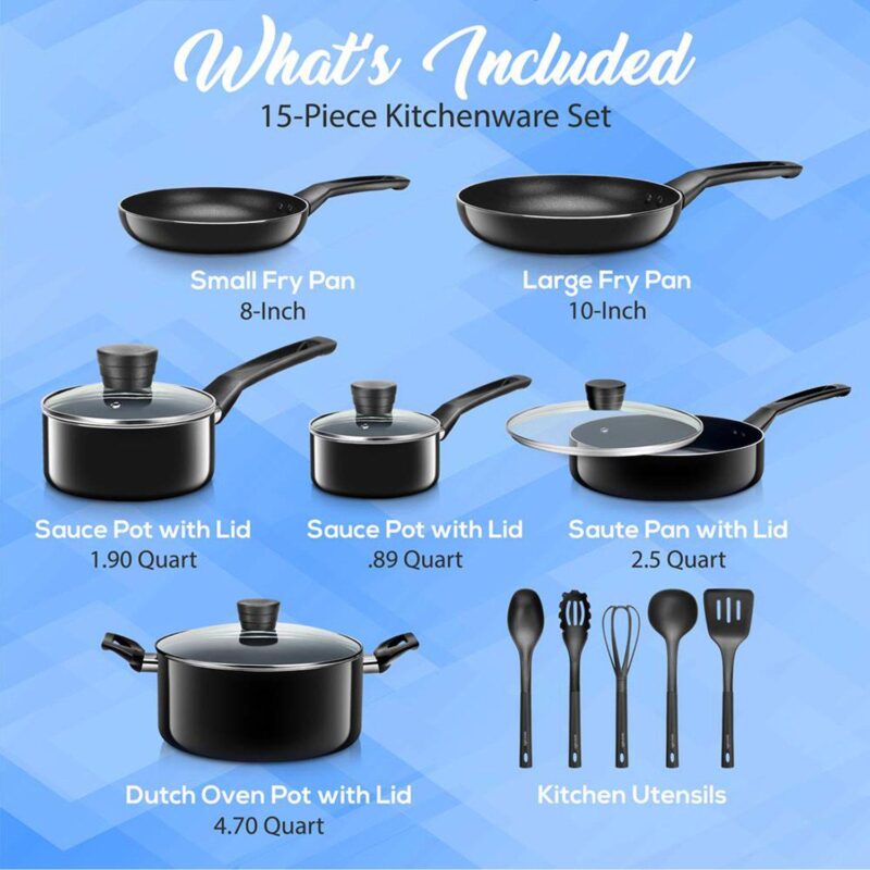 SereneLife 15 Piece Pots and Pans Non Stick Chef Kitchenware Cookware Set, Black - Image 2