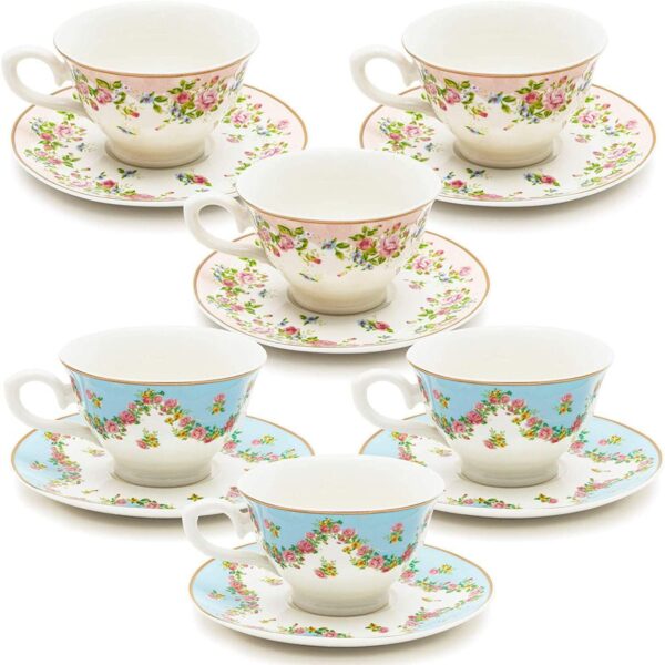 Set Of 6 Vintage Floral Tea Cups And Saucers For Tea Party Supplies, Blue, Pink