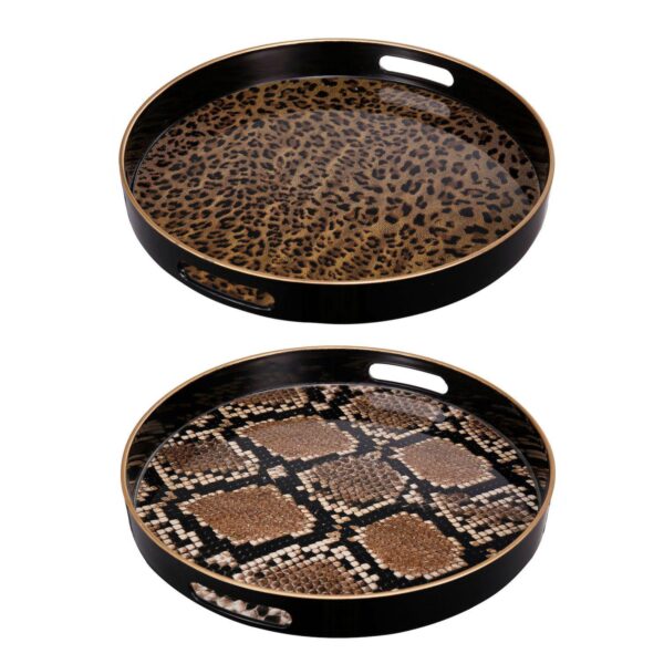 Set of 2 Black and Brown Safari Themed Quinn Round Trays 13.75